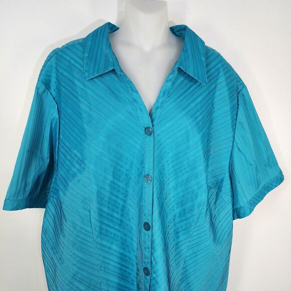 Maggie Barnes Shirt Womens 3X Blue Textured Pleated Striped Short Sleeve Button - Picture 3 of 9